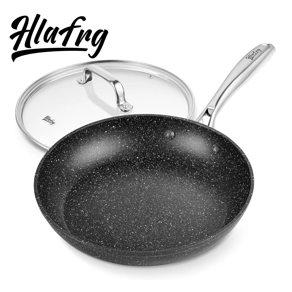 

HLAFRG 12 inch 30cm Forged Aluminum Fry Pan with Lid 4mm Edge 3 Layer Marble Non Stick Induction Bottom White Dots SS Handle