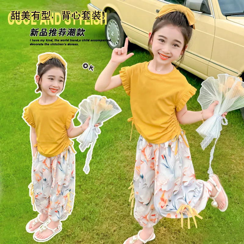 Summer Style Girls' Flutter-Sleeve Short-Sleeve T-Shirt Korean Casual Set Floral Mosquito-Proof Pants Fashionable Thin Jogger Pants