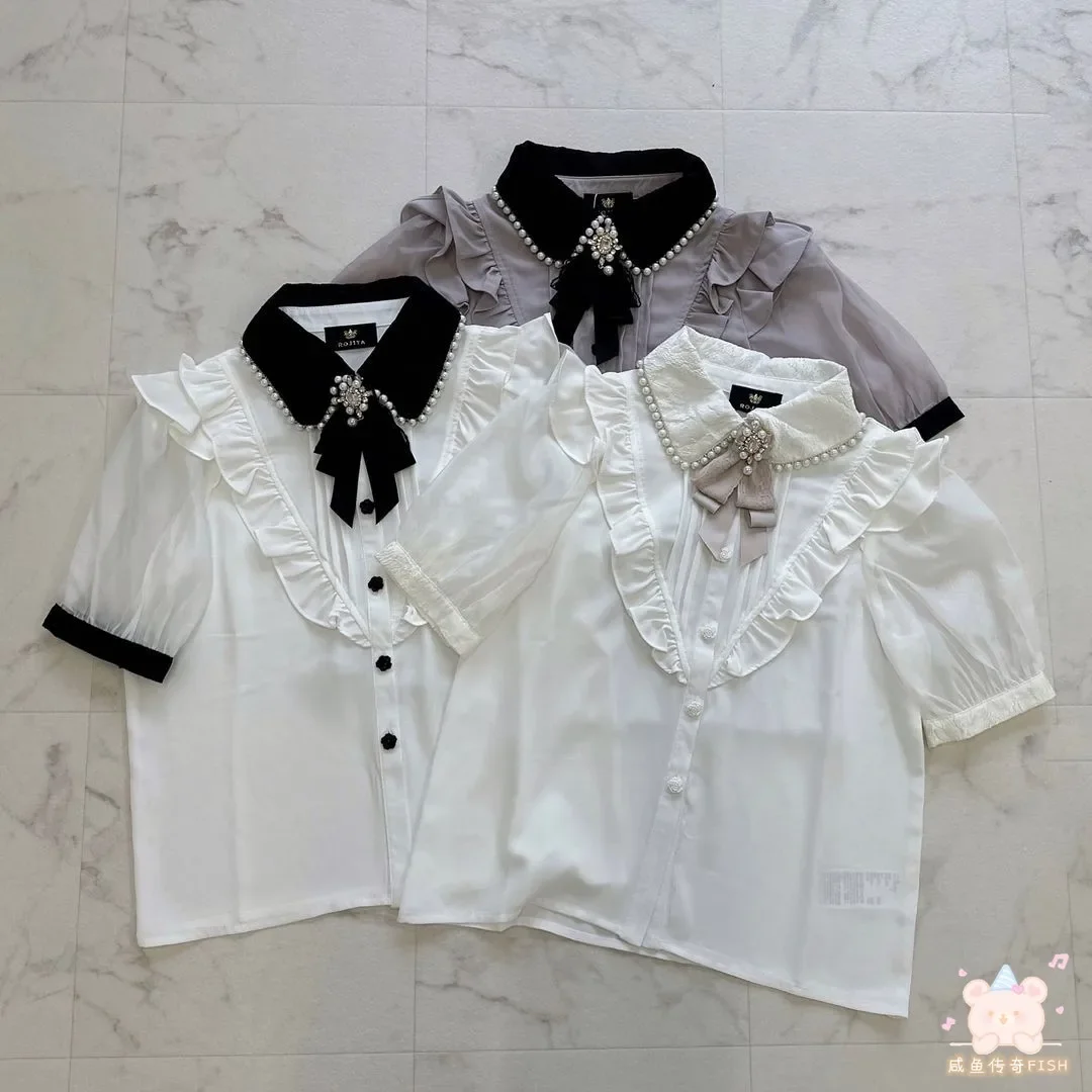 

Japanese Style Rojita New Pearl Lapels Collar Sweet Lace Shirt Mine Mass-Produced Versatile Blouse Summer Short Sleeve Tops