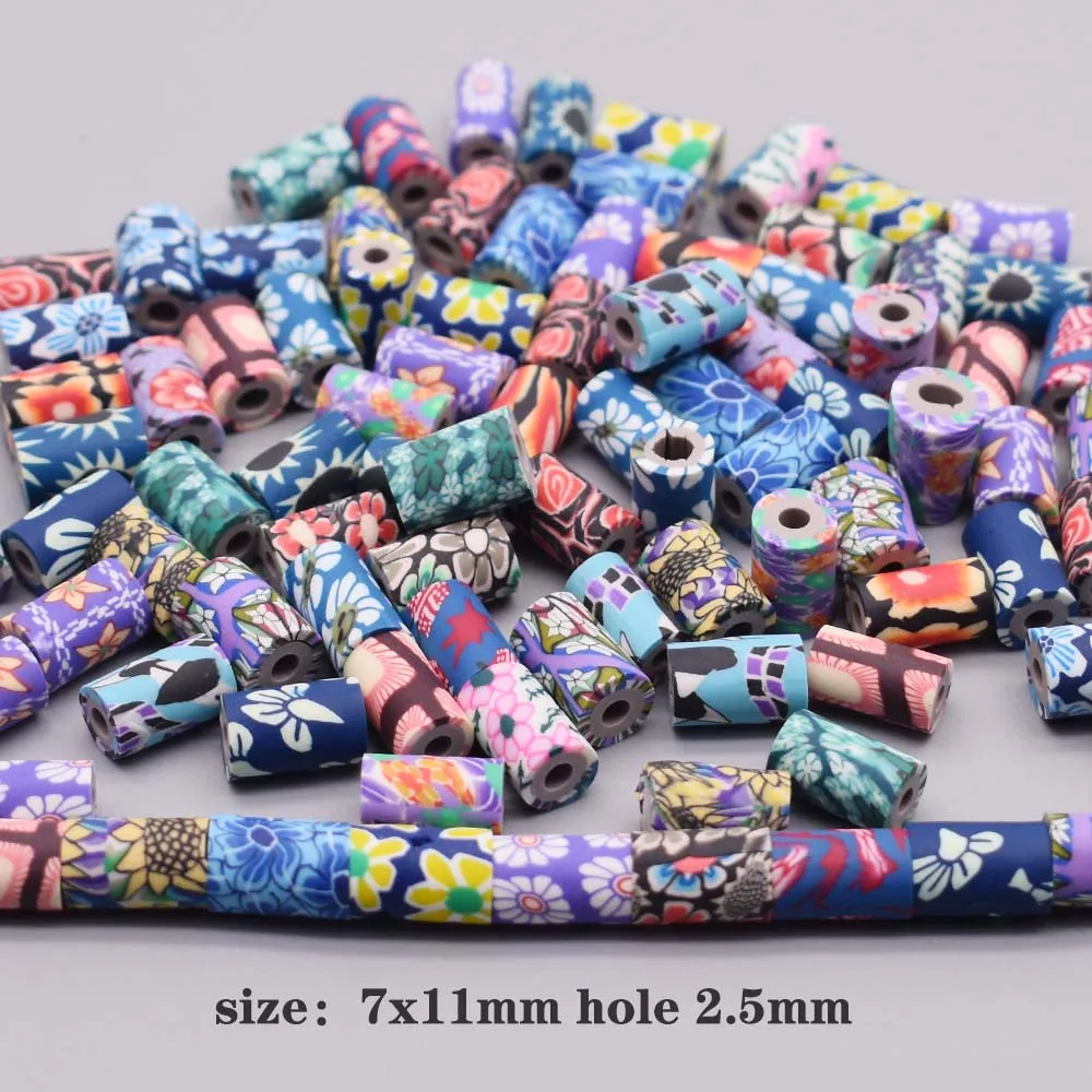 Mixed-color 7x11mm Tube Polymer Clay Beads Flower Pattern Printing Beads Tube Loose Spacer Beads for Jewelry Making DIY Bracelet