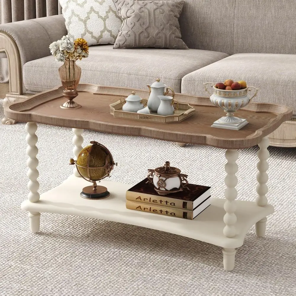 

armhouse Coee Table, Rustic White rench Country Center Table with Storage Shel, Wood Coee Tables or Living Room Dining Room, Nat