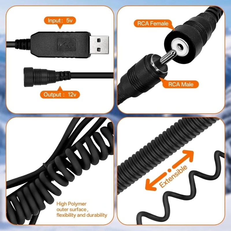USB Powered Heated Helmets Wire with 12V Plug Suitable for Snowmobile Gear