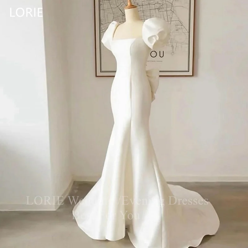 LORIE فساتين زفاف بسيطة ذات ياقة مربعة وفيونكة حورية البحر فستان حفلات العروس بدون ظهر بطول الأرض فساتين زفاف مخصصة