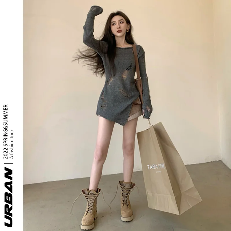 UMI MAO Lazy Style Femme Distressed Round Neck Top Irregular Thin Ripped Long Sleeve Knitted Sweater Spring Women's