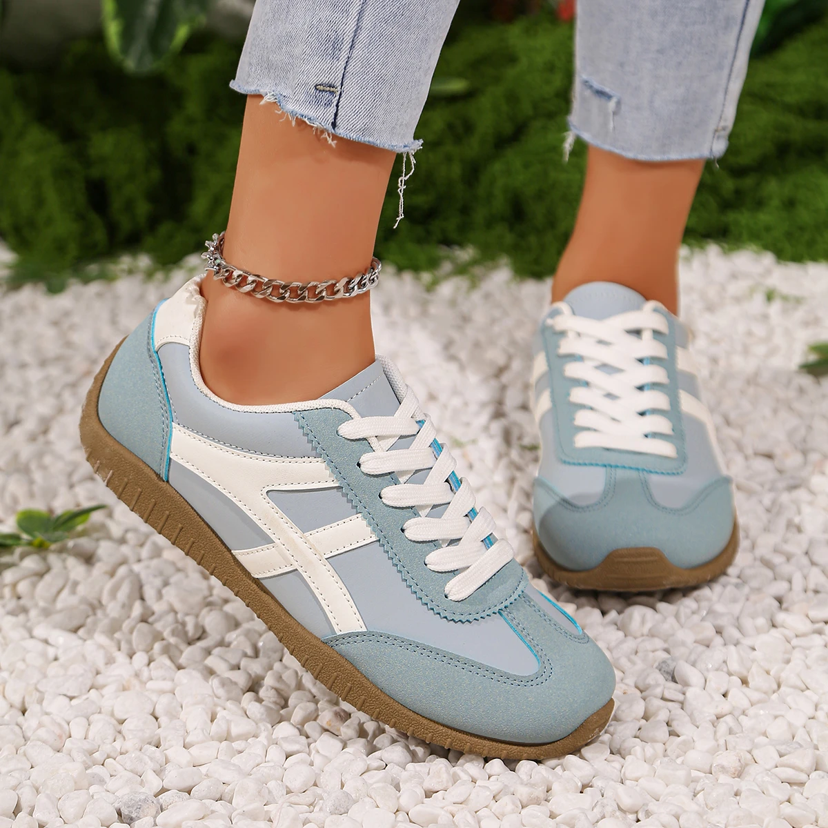 

White Striped Platform German Training Shoes Women Plus Size 41 Lace Up Flats Sneakers Woman Anti Slip Soft Sole Casual Shoes