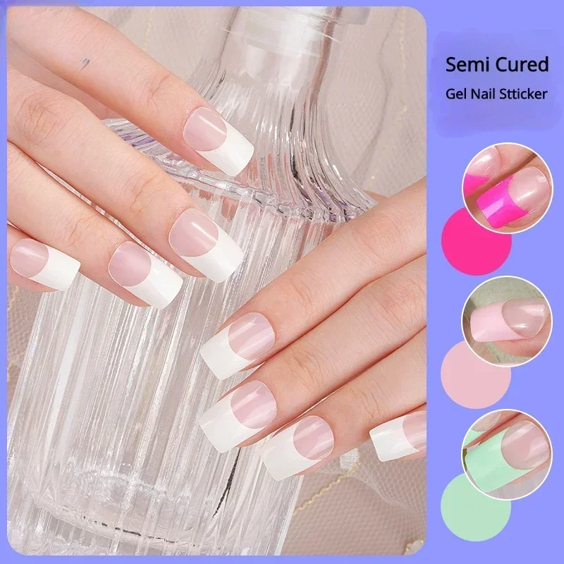 Geleia Rosa Fluorescente UV Gel Nail Art Adesivos, Remendo Semi-Curado, Pérola, Gradiente, Nu, Adesivo Slider, Longa Duração, 1 Folha