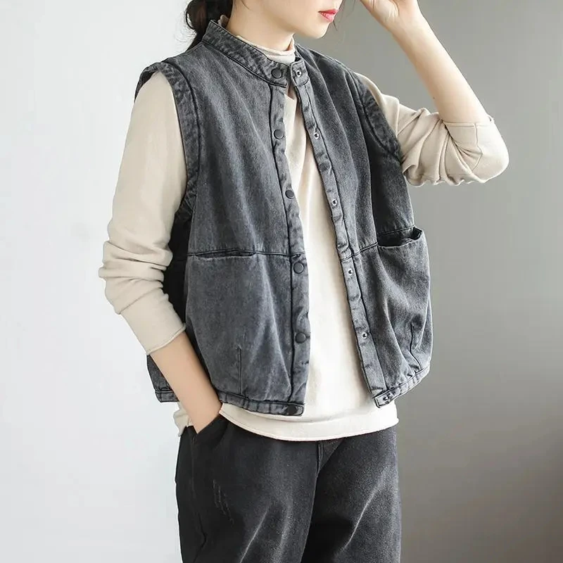 Vintage Denim Vest Jacket Sleeveless Button Cardigan Waistcoat Casual Jeans Chaleco Mujer Autumn Winter Pocket Gilet Femme