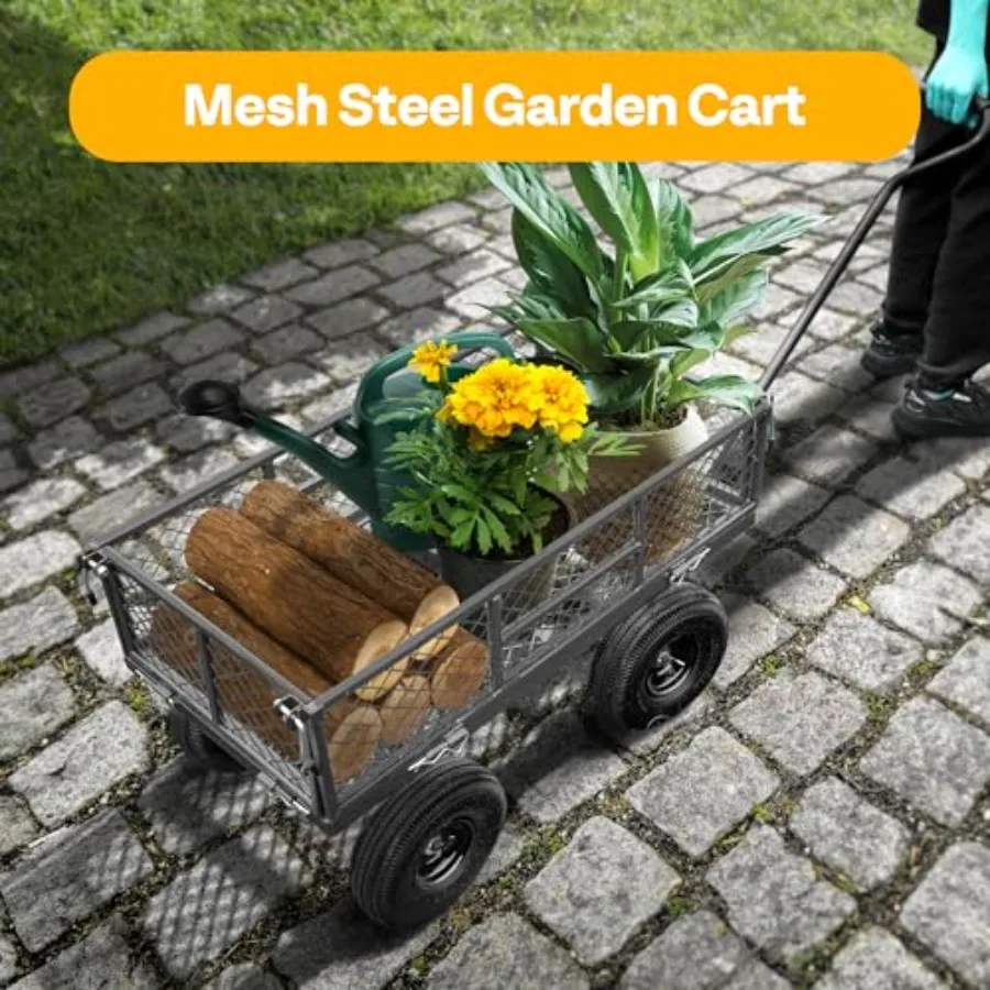 Heavy Duty 880 Lbs Capacity Mesh Steel Garden Cart Folding Utility Wagon with Removable Sides and 4.10/3.50-4 Wheels 10 inch Ti