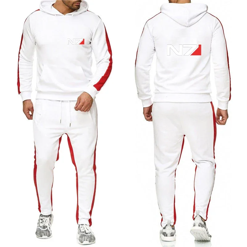 Neues Herren-Sweatshirt, lässig, einfarbig, dicker Pullover, lange Hose, 2-teiliges Set, Herbst-Jogger, Sport, Jogging, gestreifter Anzug