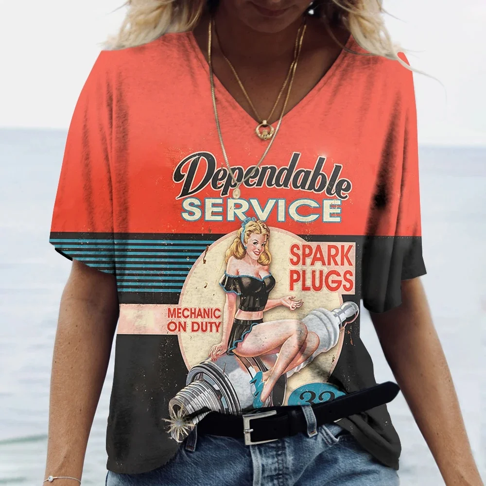 

2025 New Women's Fashion Tops 66 American Flag Road Car 3D Printed t-Shirt Summer Street Fashion Personalized V-Neck Casual