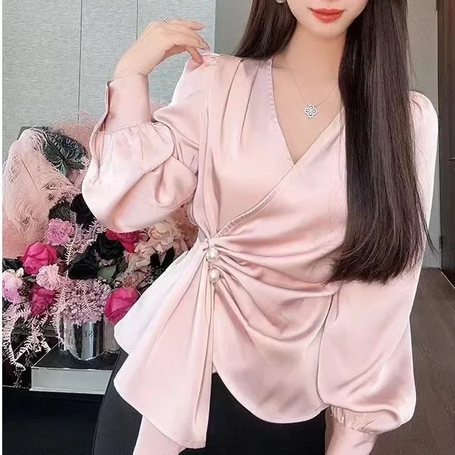 Gagarich French V-neck Design Irregular Beading Ruffled Edges Women Blouse Spring 2024 New Fashion Unique Temperament Top