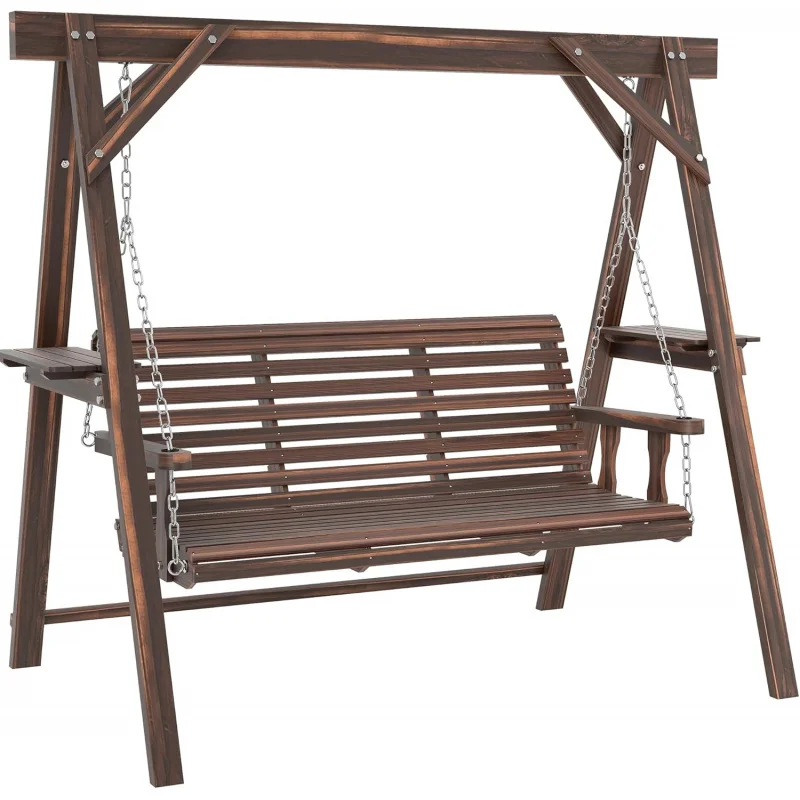 

2026 New：3 Porch Swing with Stand, Wooden Patio Swing Chair with Side Tables and Metal Chains, Outdoor Swing