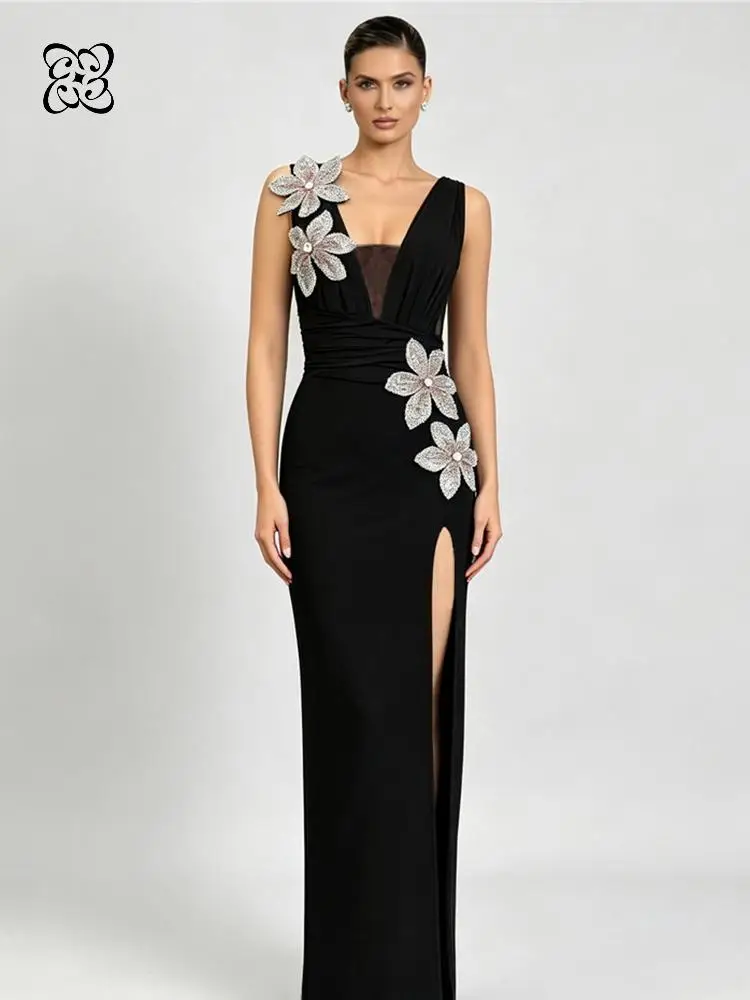 2026 Luxury Black One-Shoulder Maxi Dress with 3D Rhinestone Floral Appliqués Deep V-Neck High Slit Bodycon Evening Gown