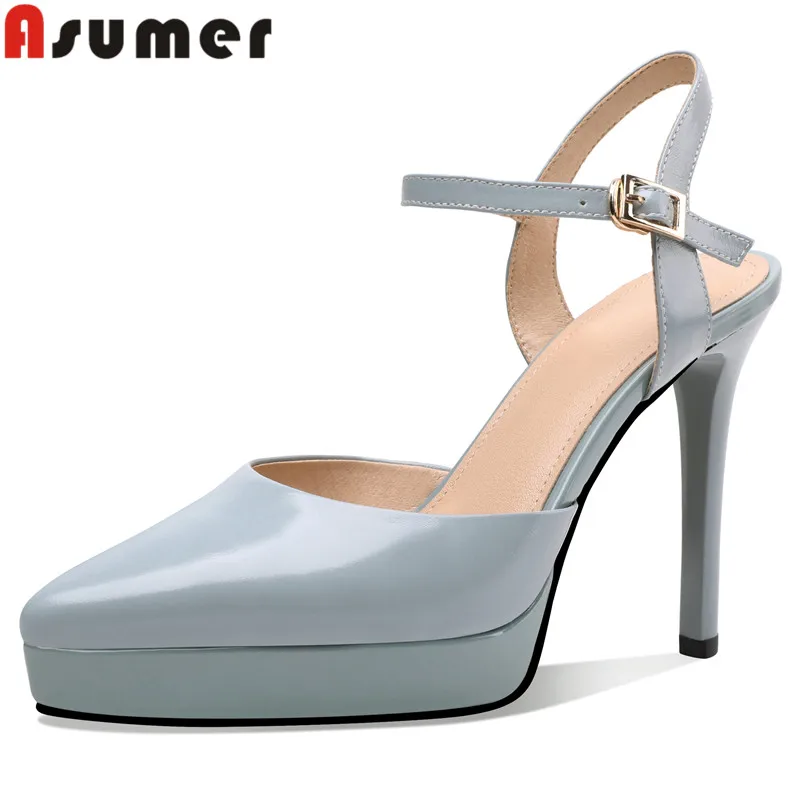 

ASUMER 2022 New Patent Leather Platform Women Sandals Extreme High Heels Shoes Summer Pointed Toe Ladies Solid Dress Shoes