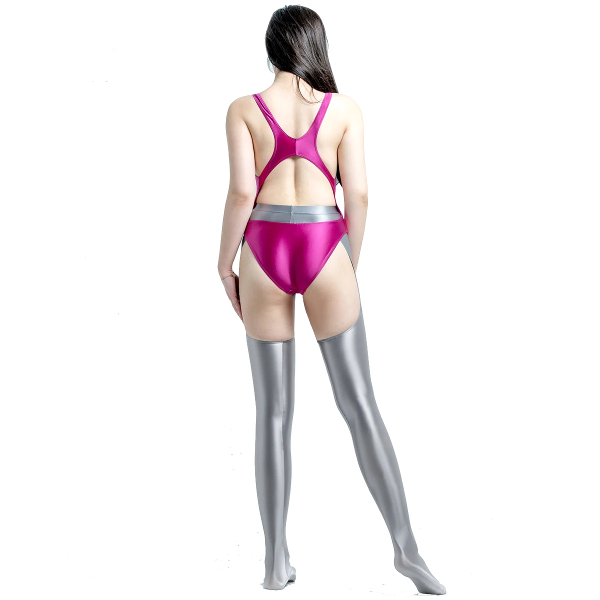 MJINM Women Sexy Glossy Satin Elastic Open Crotch Side Suspenders Leggings Yoga Gymnastics Pantyhose Front Back Hollow Out Pant