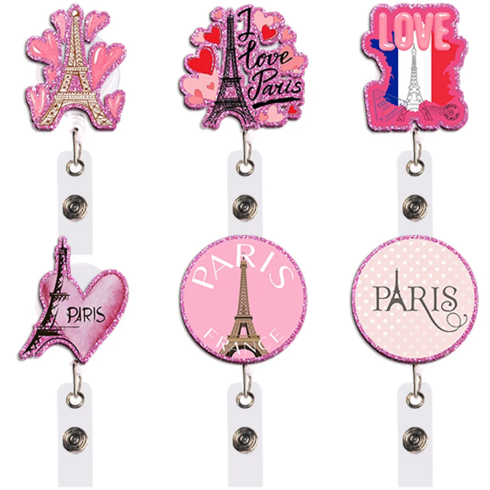 Pink Paris Badge Reel Retractable ID Holder Eiffel Tower Heart Airplane Gift for Student School Office Commute