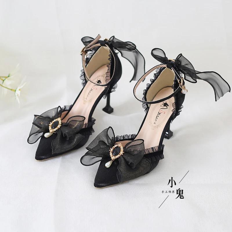 Black Lolita Lace Handmade Floral Wedding Shoes Elegant And Sweet Loli High Heels Lolita Gorgeous Sandals Wedding Shoes