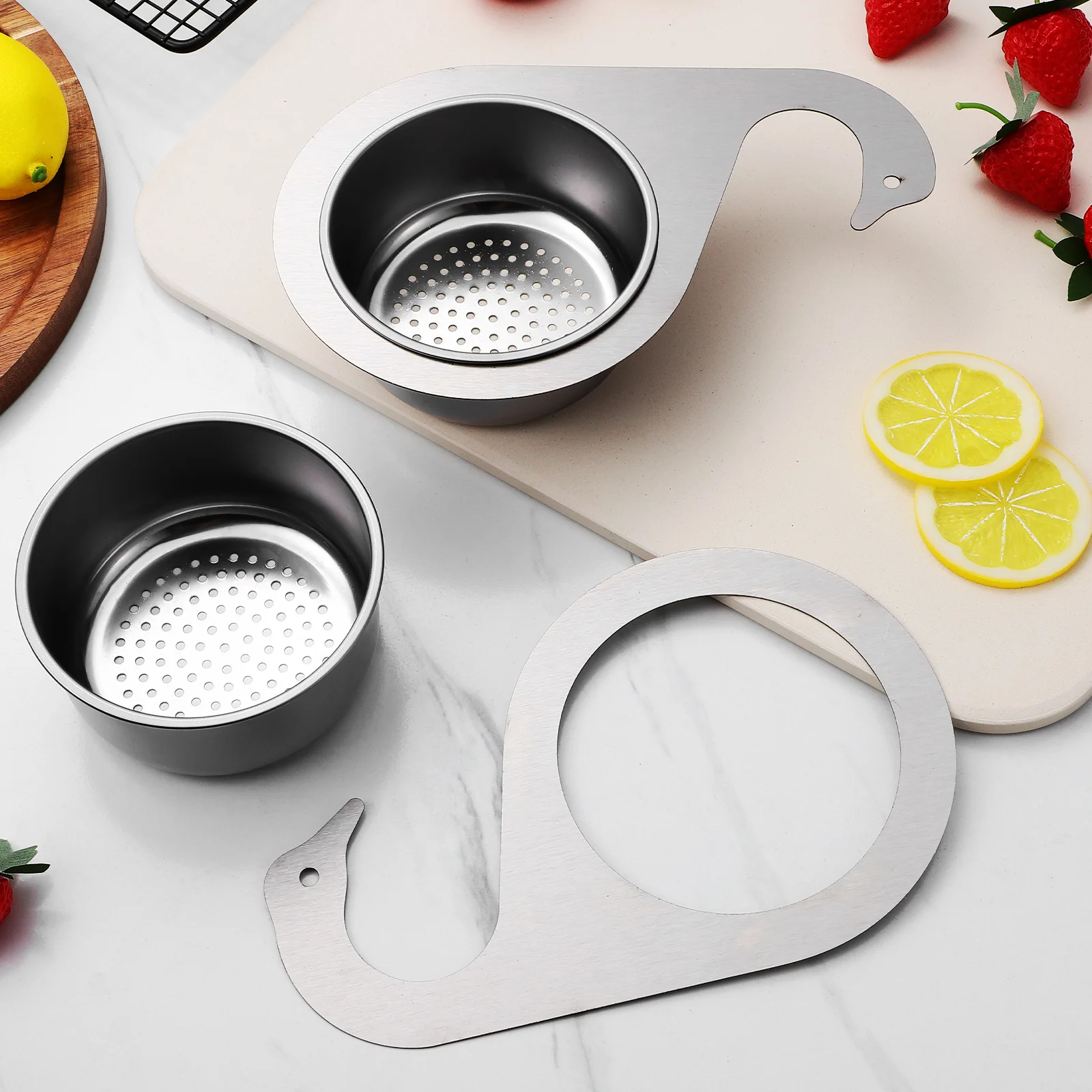 

2 pcs Stainless Steel Kitchen Sink Drain Strainer Basket Large Capacity Filtering Vegetable Fruit Holder Easy Installation Metal