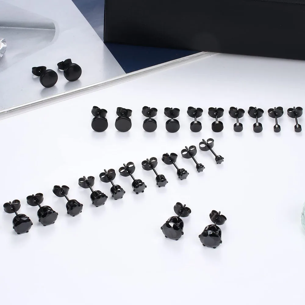 1 Pair Stainless Steel Black Round Cubic Zirconia Flat Stud Earrings Set Punk Piercing Jewelry for Men Women 3-8mm