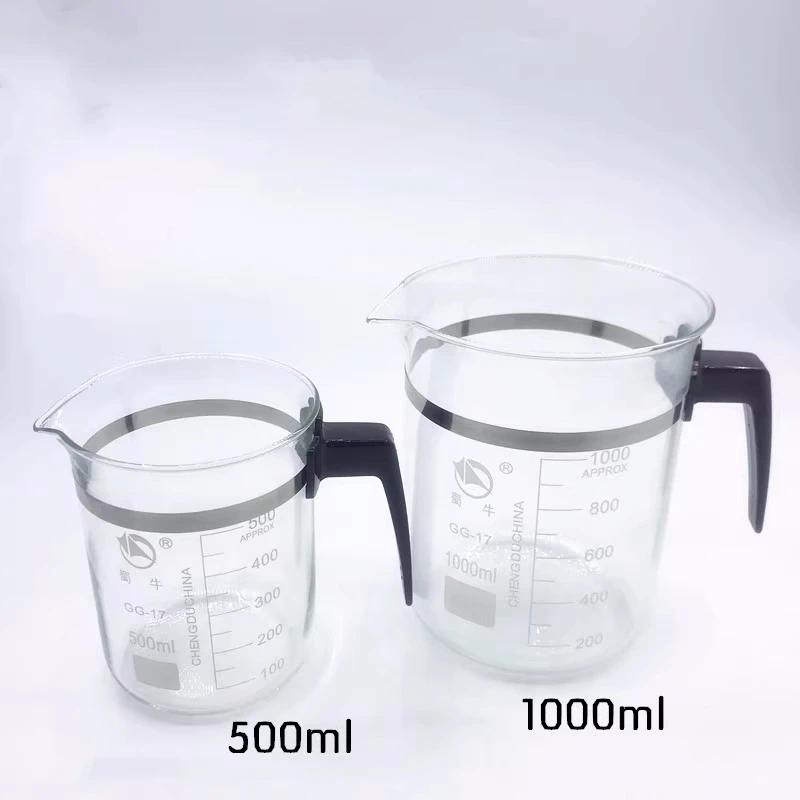 Multiple Plastic handle Beaker Chemistry Laboratory Borosilicate Glass 500ml 1000ml