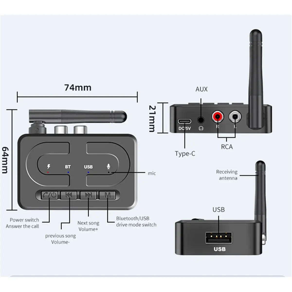 

(BOFF) Bluetooth-приемник 6.0 с разъемом 3.5 мм AUX RCA и микрофоном, HIFI стерео беспроводной адаптер с поддержкой USB-накопителей для автомобильных колонок и усилителей