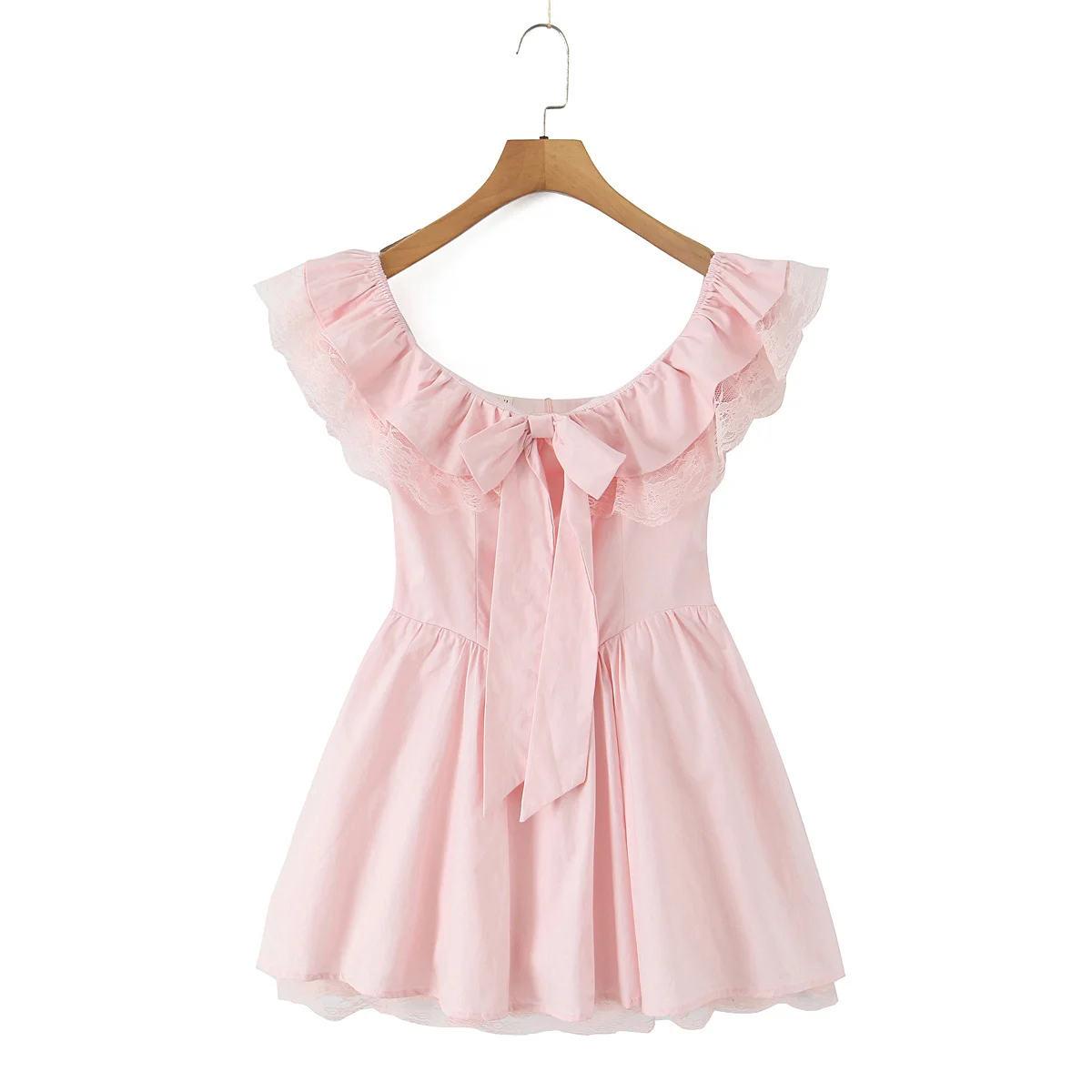 Maxdutti French Fashion Women's Pink Off-Shoulder Tube Dress Women Bow Lace Panel Sexy Mini Dress Party Dresses Vestidos