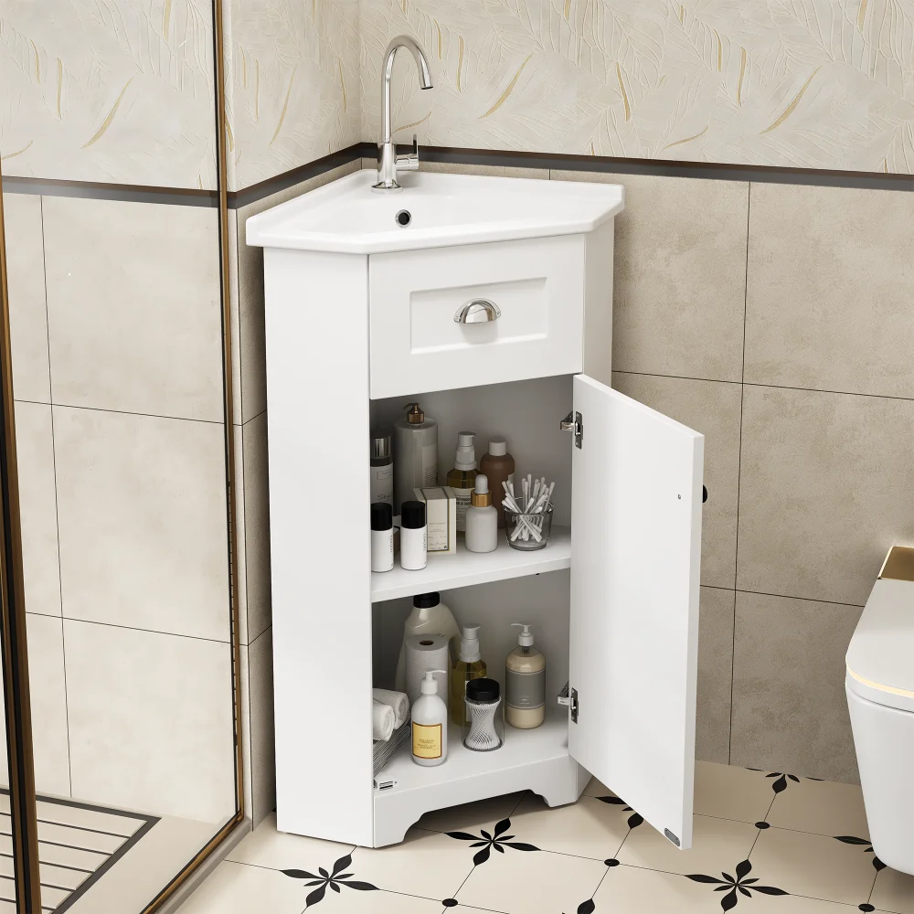 Meuble de salle de bain d'angle autoportant 45 cm blanc en MDF étanche avec vasque en céramique, un tiroir de rangement, porte, surface en mélamine sans peinture, poignée métallique antirouille, résistant à l'humidité, gain de place, mobilier de salle de bain pour petite salle de bain ou toilettes d'invités