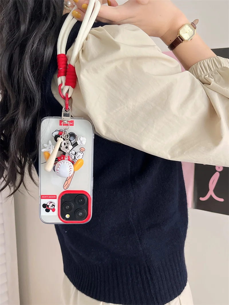 Funda de teléfono anticaída con cordón de Mickey de béisbol de dibujos animados de Disney para iPhone 13 14 12 15 Pro Max Y2K llavero de béisbol de Mickey
