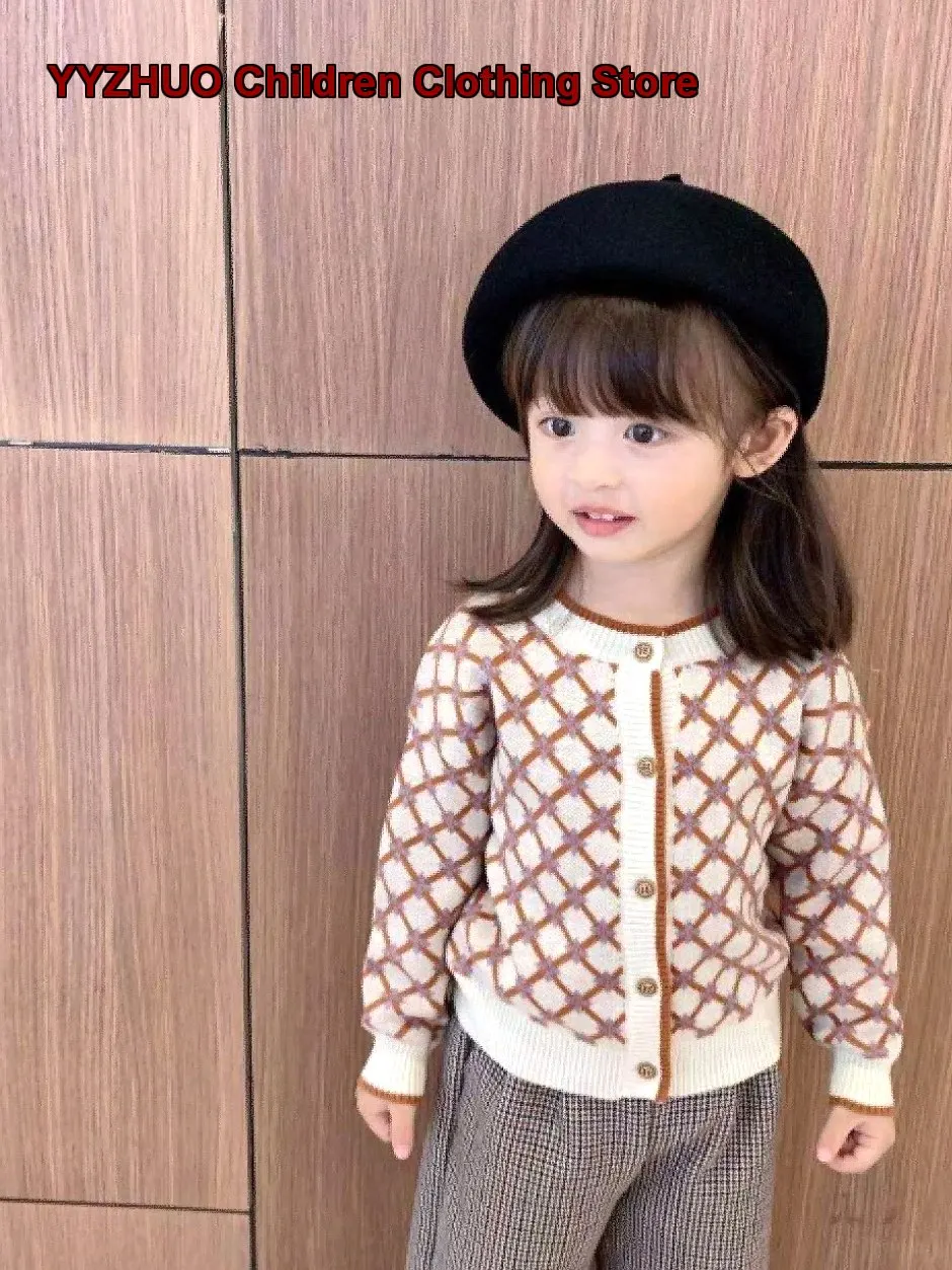 Girls Cardigan Kids Autumn Merino Knit Cardigan Geometric Pattern Ribbed Wide-Leg Pants Set