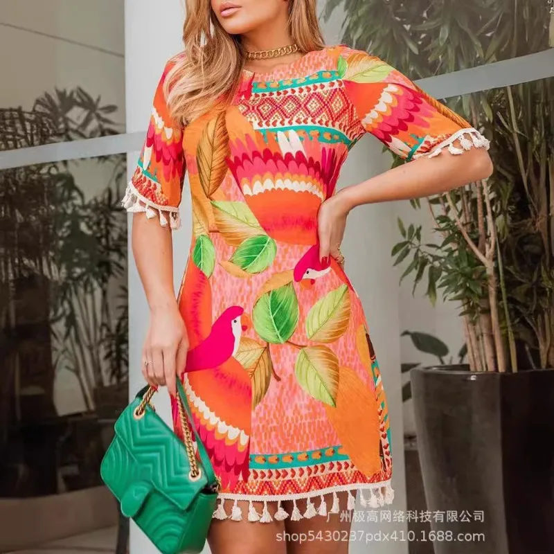 

2024 Spring Summer New Women's Clothing round Neck Color Printing Backless Dress-Front Positioning