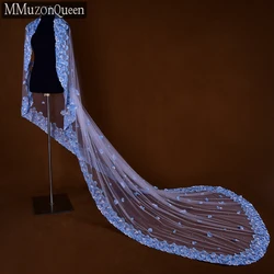 M42A 1 Tier Blue Lace Cathedral Wedding Veil Long Bridal Veil 3m no Comb Solf Bridal Wedding Accessories