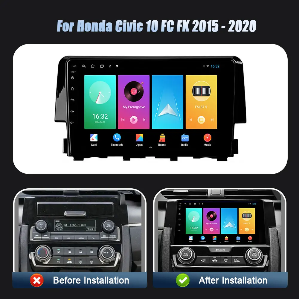 Wireless Carplay Stereo Screen Car Radio Multimedia Navigation Player Head Unit Android 14 For Honda Civic 10 FC FK 2015-2020