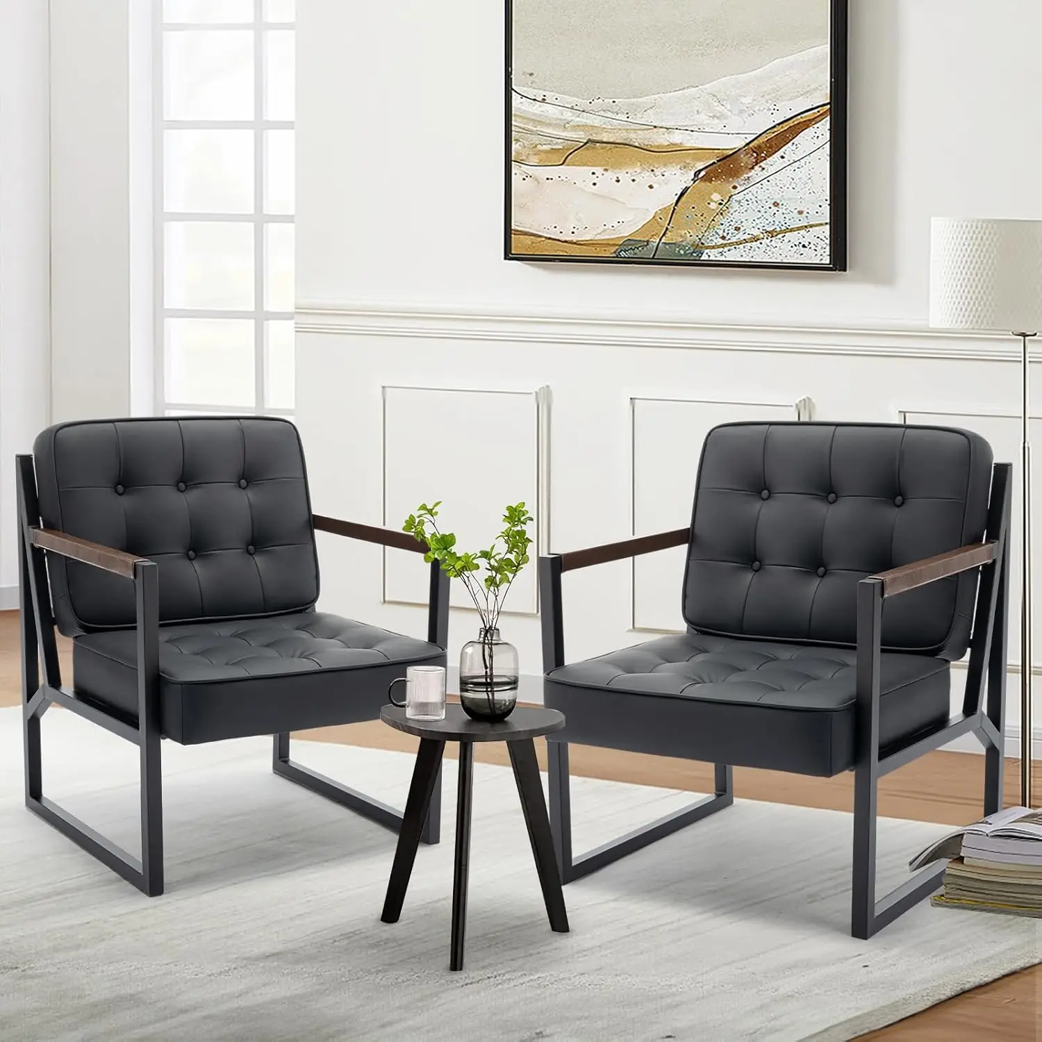 Mid Century Modern Accent Chair Set of 2, Comfy Living Room Chair, Black Leather Accent Chair, Faux Leather Reception Armchair