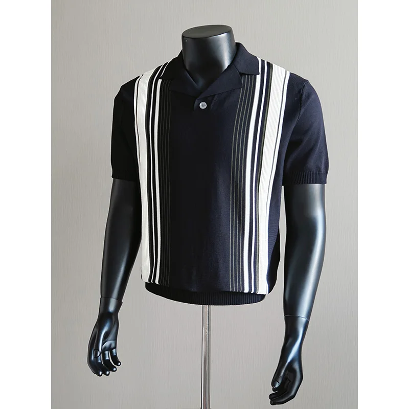 2026 Luxury Cuban Collar Patchwork Knitted Short Sleeved Men's Polo Shirt Ice Silk Striped Casual T-shirt Slim Business POLO Tee
