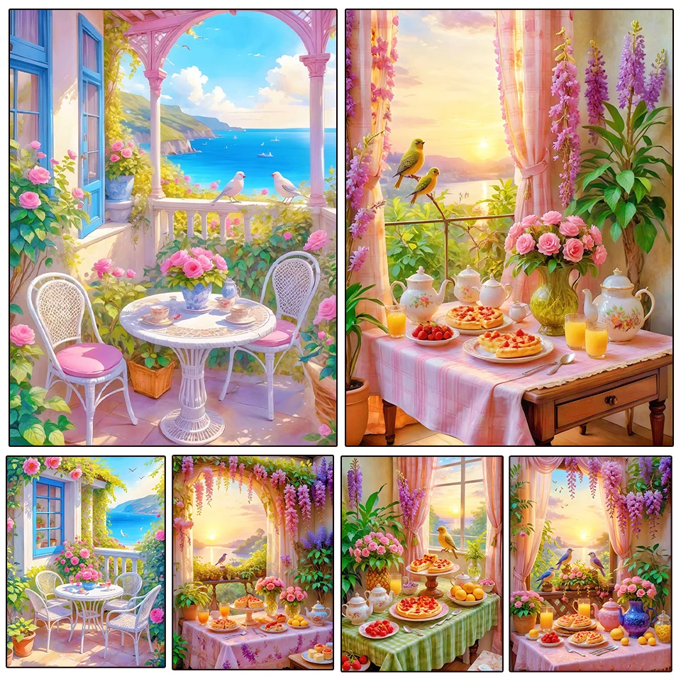 

5DDIY Diamond Painting Balcony Landscape Flower Home Decoration Embroidery Mosaic Seaside Garden Landscape Wall Stickers