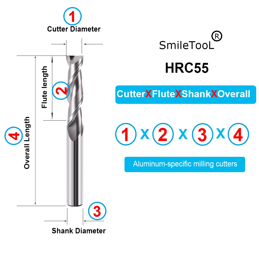 SmileTooL HRC55 2-Flute Tungsten Steel Flat End Mill Square End Mill Face Mill Aluminum-specific Flat Mill Cutter