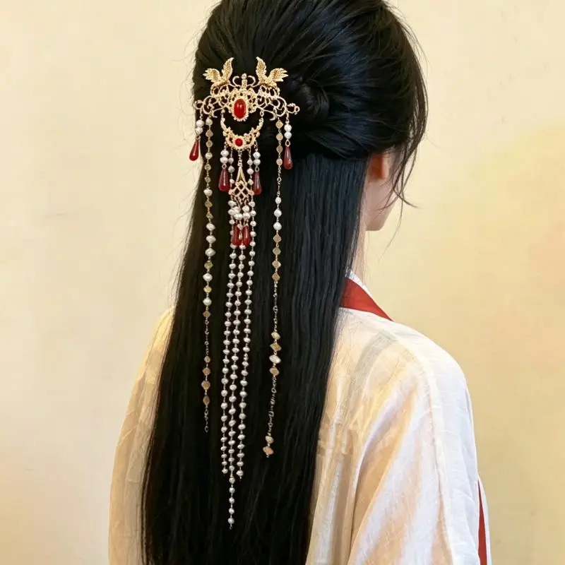 1Pc Vintage Chinese Hanfu Hair Clip Faux Pearl Tassel Golden Crane Decor for Wedding Bridal Party Hair Accessories Vintage Chin