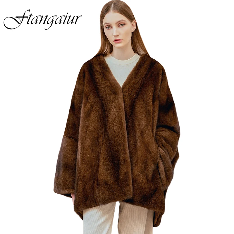 Ftangaiur 겨울 수입 백조 벨벳 밍크 퍼 코트 브이넥 긴 소매 밍크 코트 여성용 루즈핏 부드러운 천연 리얼 밍크 퍼 코트