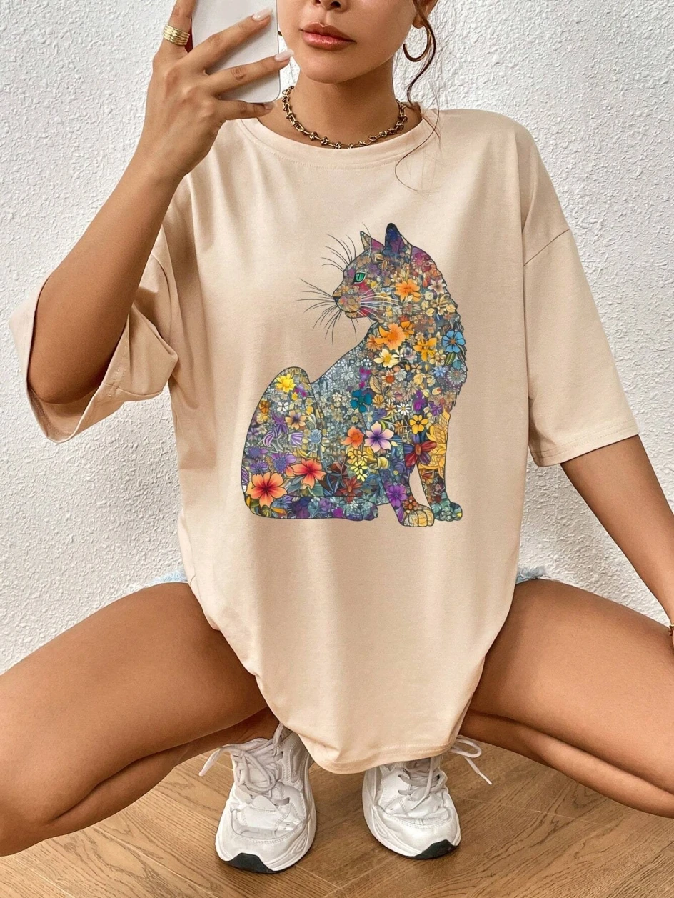 

Cotton Women T-Shirt Flowers & Cats Printing Short Sleeve Teescasual Summer Street Tops Fashion Crewneck Loose Female Clothes