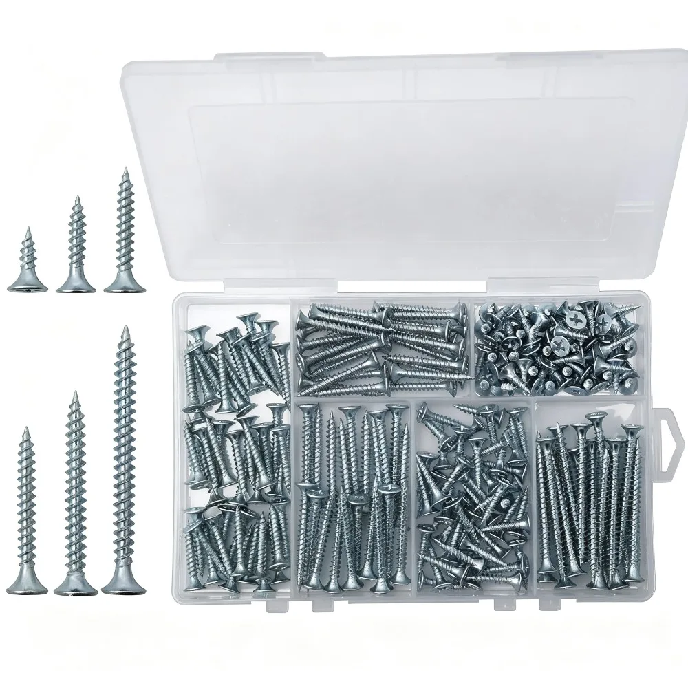 209Pcs Cross Flat Head Self Tapping Screws Iron White Zinc M3.5 Hard Fiber Drywall Wood Nails for Wall Panel Furniture Install