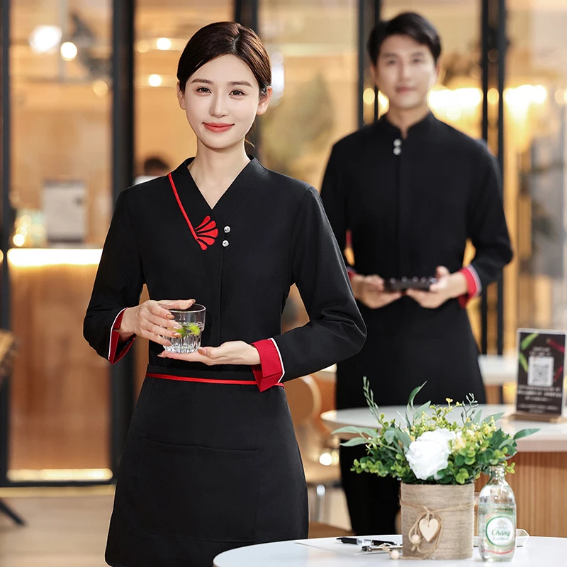 Uniforme de trabajo de manga larga para personal femenino de restaurantes en restaurantes chinos, hoteles, restaurantes de hotpot, casas de té y zonas rurales.