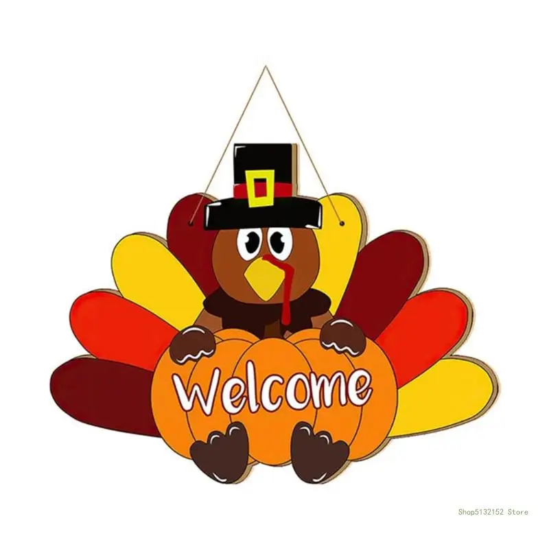 QX2E Turkey Gobble Welcome Sign Hanging Decoration Thanksgiving Wreath for Front Door Hanger Autumn Decoration