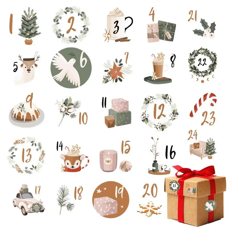 24Pcs Christmas Advent Calendar 1-24 Number Sealing Sticker Multifunctional DIY Candy Cookie Gift Box Packing Labels