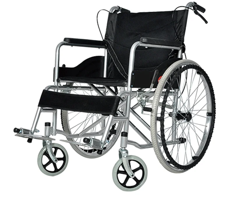 كرسي متحرك قياسي قابل للطي من سبائك الألومنيوم، كرسي متحرك يدوي خفيف الوزن لكبار السن مع فرامل يدوية