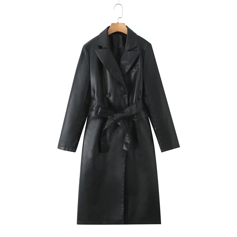 Decorazione con fibbia a doppia fila a maniche lunghe con colletto casual alla moda delle nuove donne estive con giacca lunga in pelle con cintura