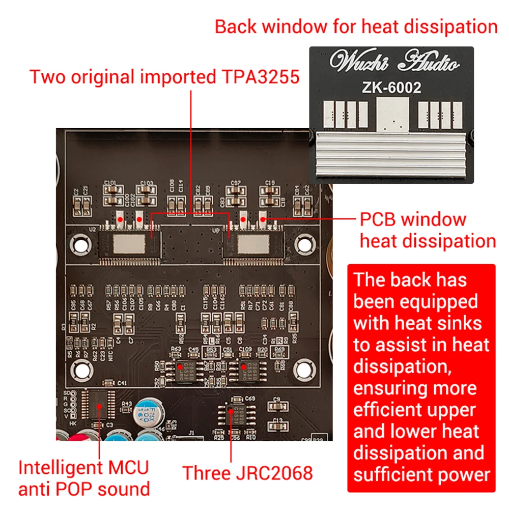 ZK-6002 600W+600W Pure Post Amplifier Board DC 18-50V 2.0 Stereo With High And Low Frequency Modulation Chip TPA3255