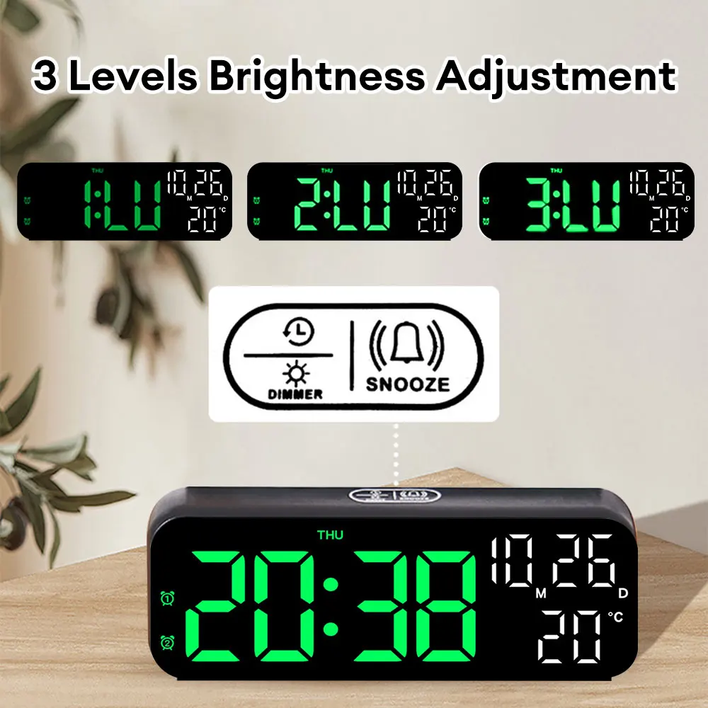 Big Digital LED Alarm Clock with Date Temperature Display Voice Control 12/24H Electronic LED Alarm Clocks for Bedroom