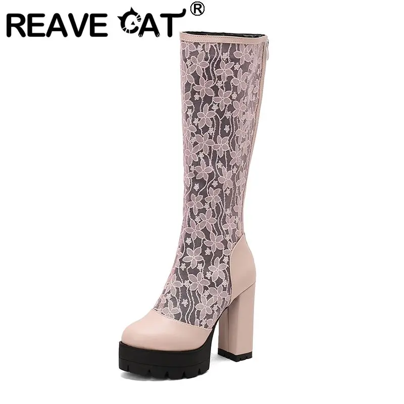 

REAVE CAT 2025 Новый дизайн Женские сапоги до колена с круглым носком на блочном каблуке 12 см Платформа 4 см Молния Смешанные цвета 48 49 50 Dating Bota
