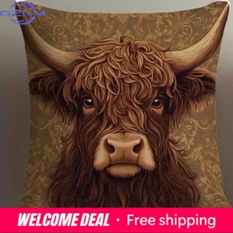 Home Decor Highland Cows With Floral Pattern Pillow Covers Pattern Cushion Cover Suitable For Sofa Bedroom Car Pillow Cover