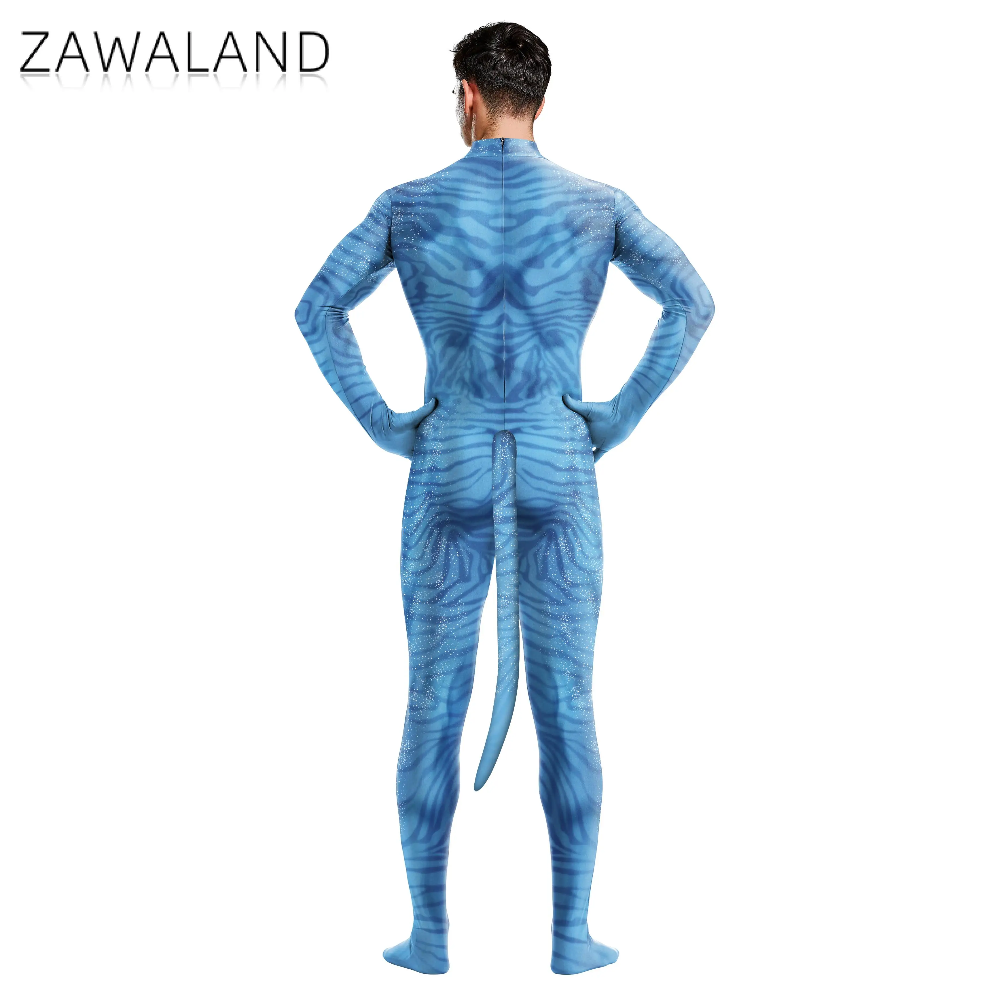 Zawaland خارقة المحارب زيبرا طباعة مطبوعة Catsuit غطاء كامل دعوى تأثيري ازياء للذكور داخلية Zentai مع الذيل